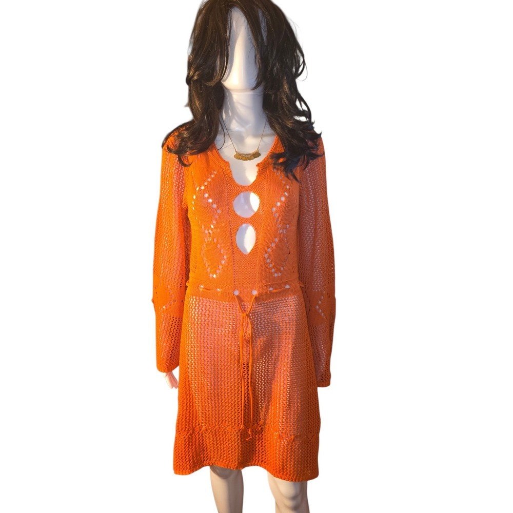 Orange Crochet Knit Bell Sleeve Beach Cover Up Mini Dress Boho Women's One Size